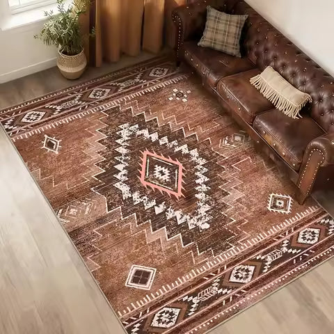 Tapis Marocain Marron Style Aztèque - Antidérapant pour Salon & Chambre