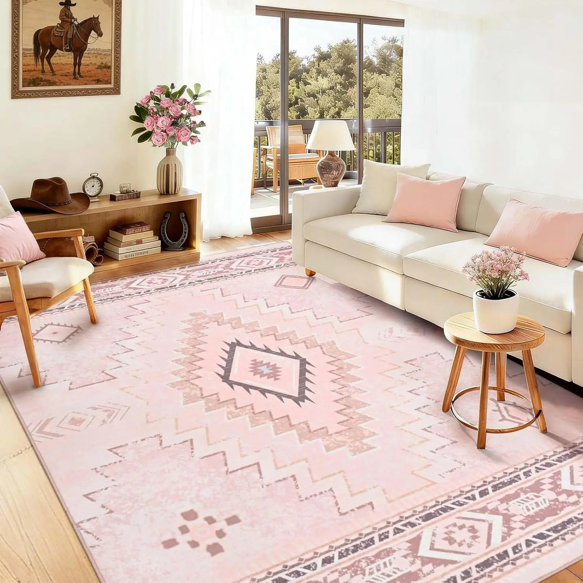 Tapis Marocain Rose Motifs Aztèques Antidérapant