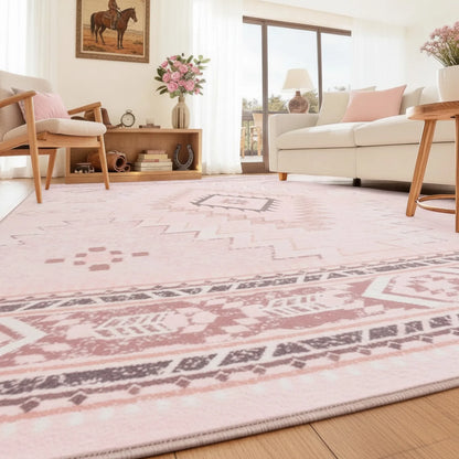 Tapis Marocain Rose Motifs Aztèques Antidérapant