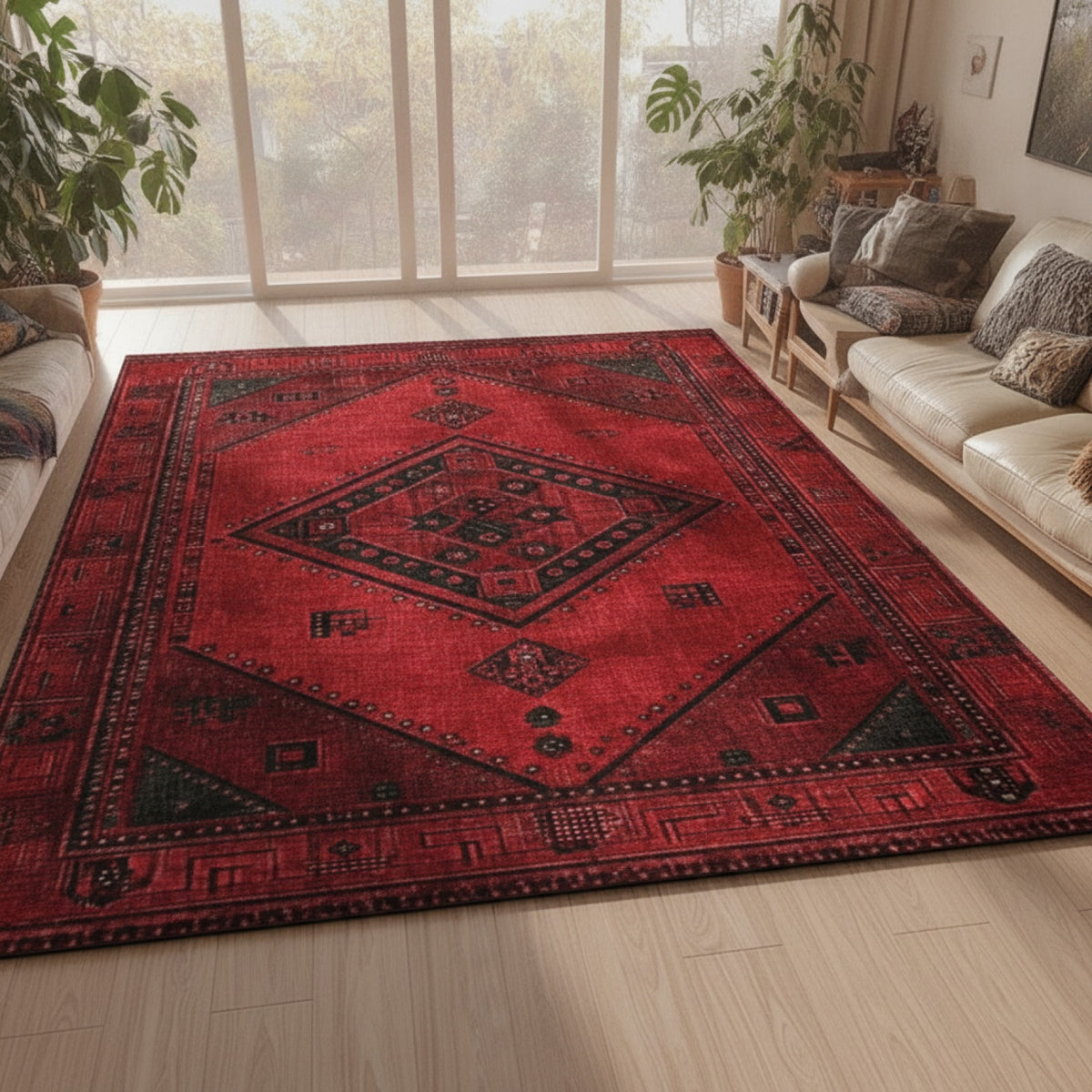 Tapis Bohème Marocain Antidérapant en Velours pour Entrée, Salon et Chambre