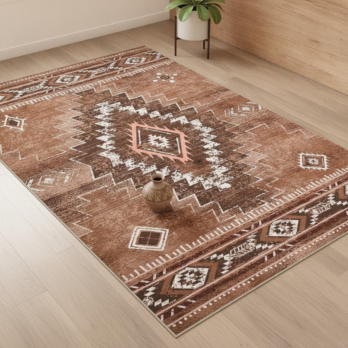 Tapis Marocain Marron Style Aztèque - Antidérapant pour Salon & Chambre