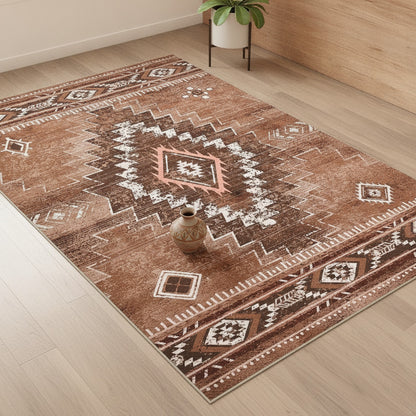 Tapis Marocain Marron Style Aztèque - Antidérapant pour Salon & Chambre