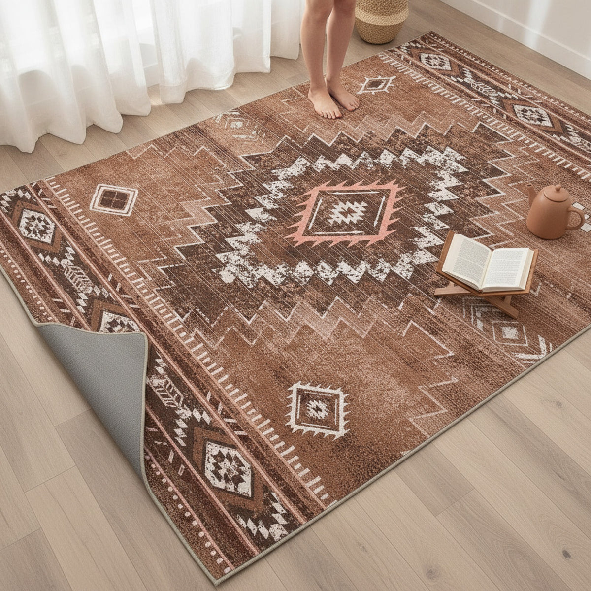 Tapis Marocain Marron Style Aztèque - Antidérapant pour Salon & Chambre
