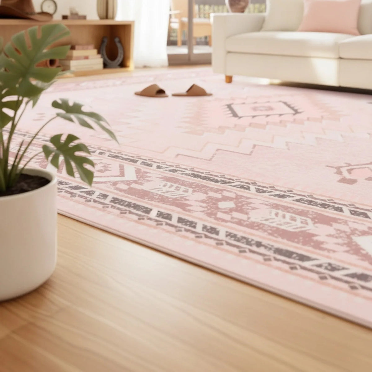 Tapis Marocain Rose Motifs Aztèques Antidérapant