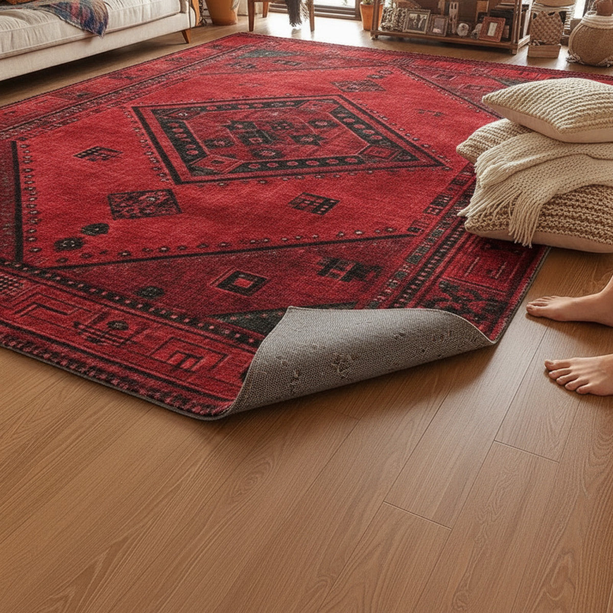 Tapis Bohème Marocain Antidérapant en Velours pour Entrée, Salon et Chambre