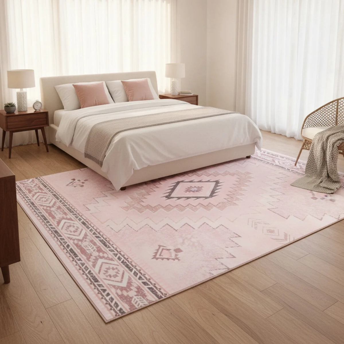 Tapis Marocain Rose Motifs Aztèques Antidérapant