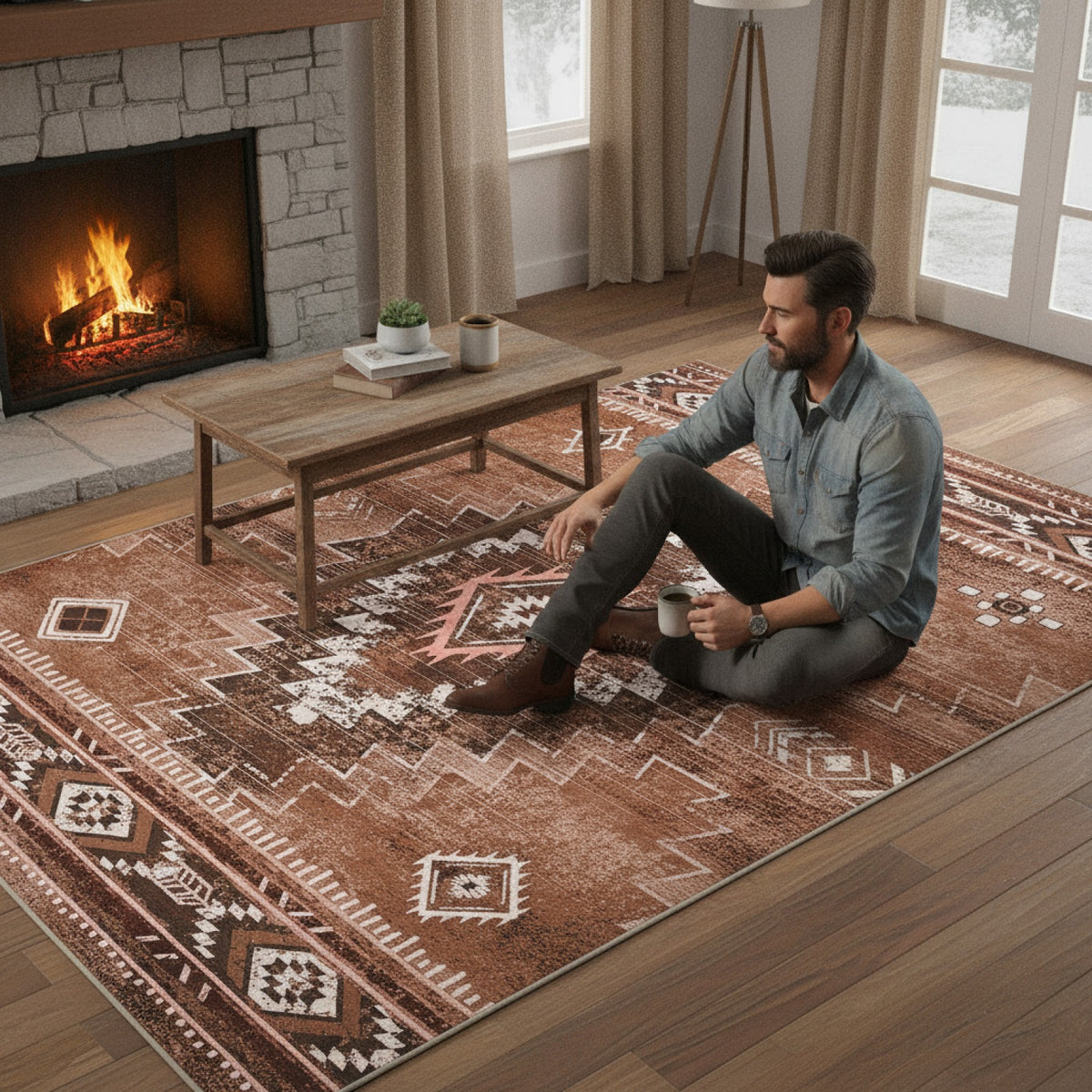 Tapis Marocain Marron Style Aztèque - Antidérapant pour Salon & Chambre