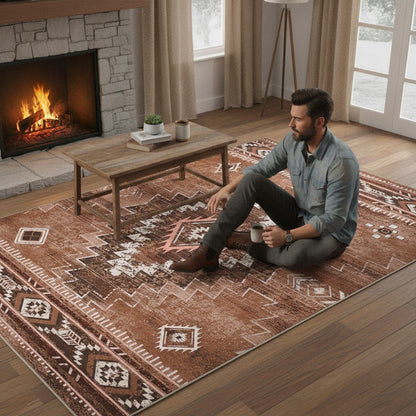 Tapis Marocain Marron Style Aztèque - Antidérapant pour Salon & Chambre
