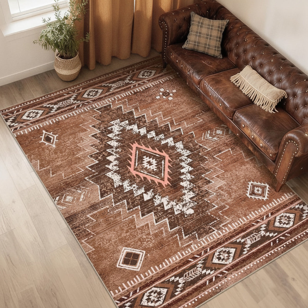 Tapis Marocain Marron Style Aztèque - Antidérapant pour Salon & Chambre